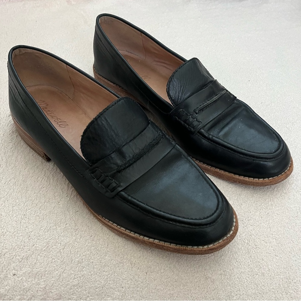 Madewell Black Leather Penny Loafers with Tan Soles